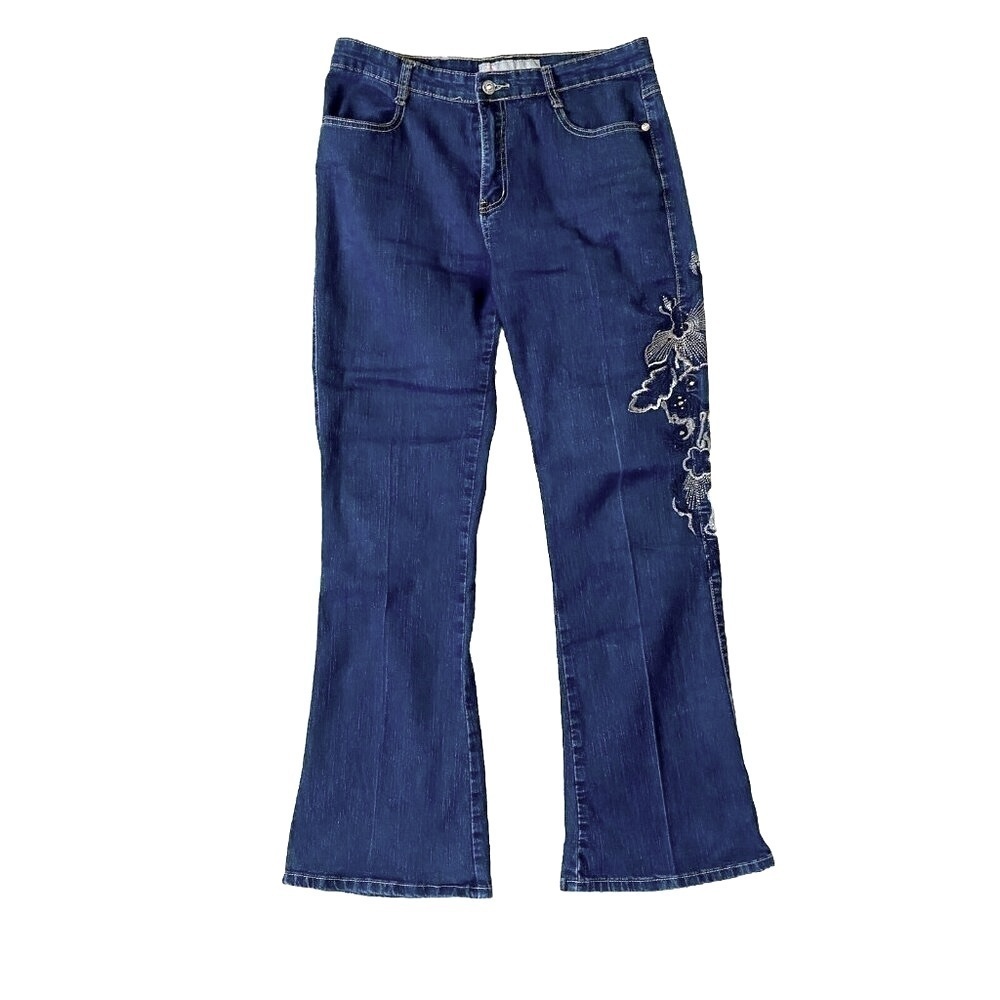 COS Jeans Bootcut Leg Denim Women's Size 10 Blue Dark Wash Mid Rise Embr…